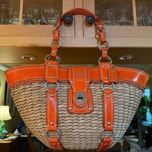 Coach Vibrant Orange and Woven Tan Tote